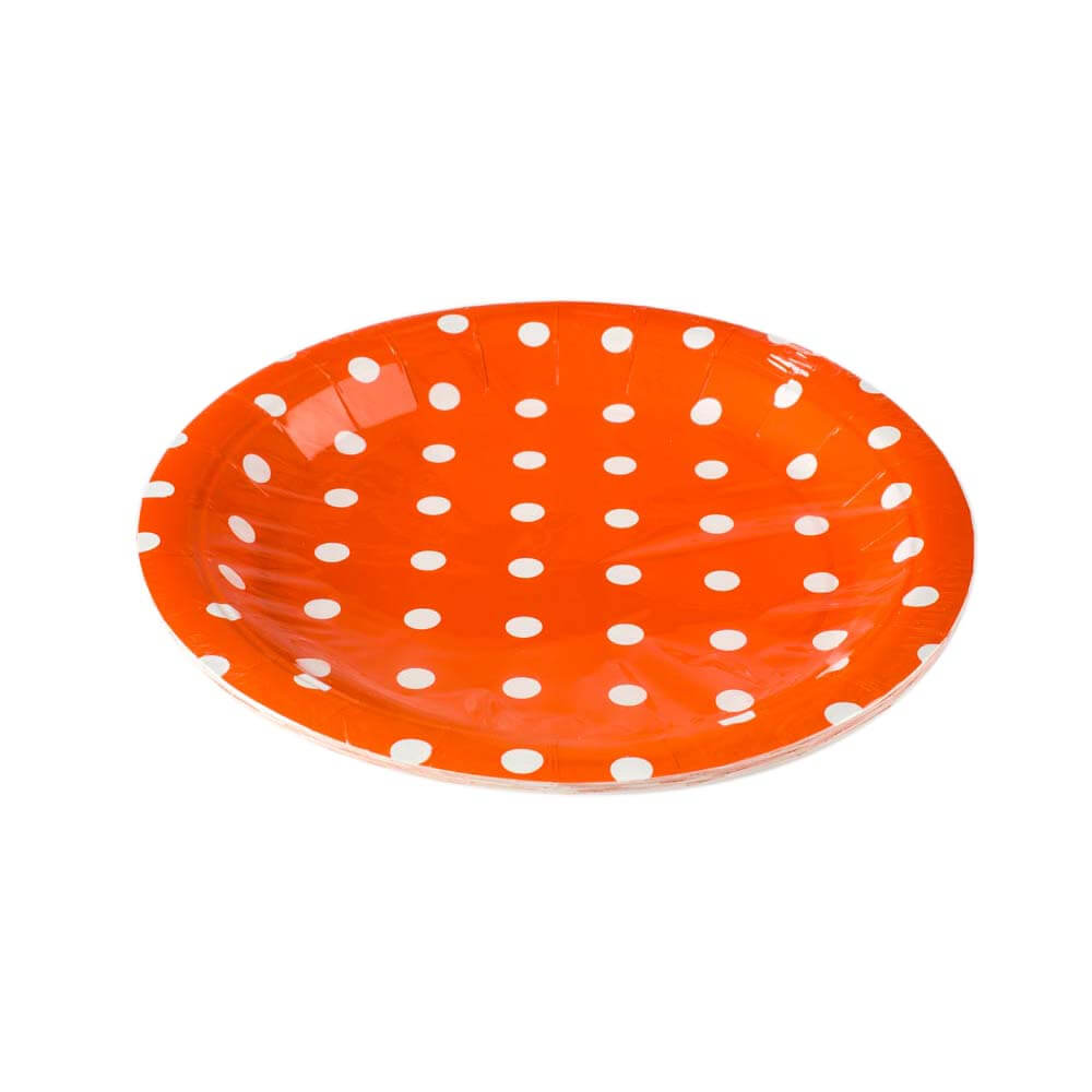 Χάρτινα πιάτα πορτοκαλί με λευκό πουά 10 τεμ.