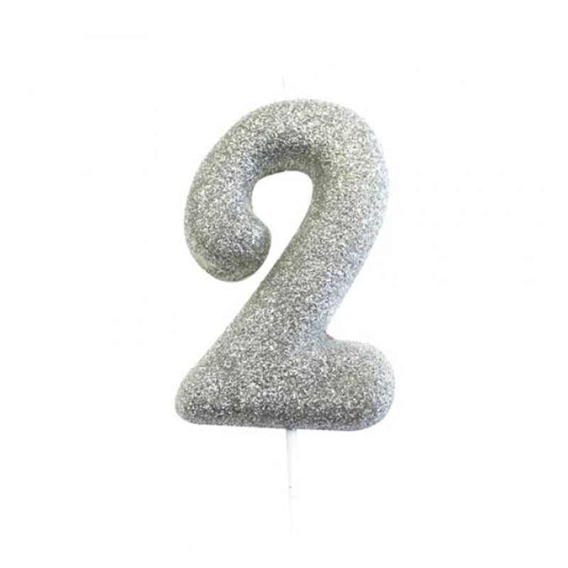 Ασημί κεράκι νούμερο 2 με γκλίτερ 7εκ