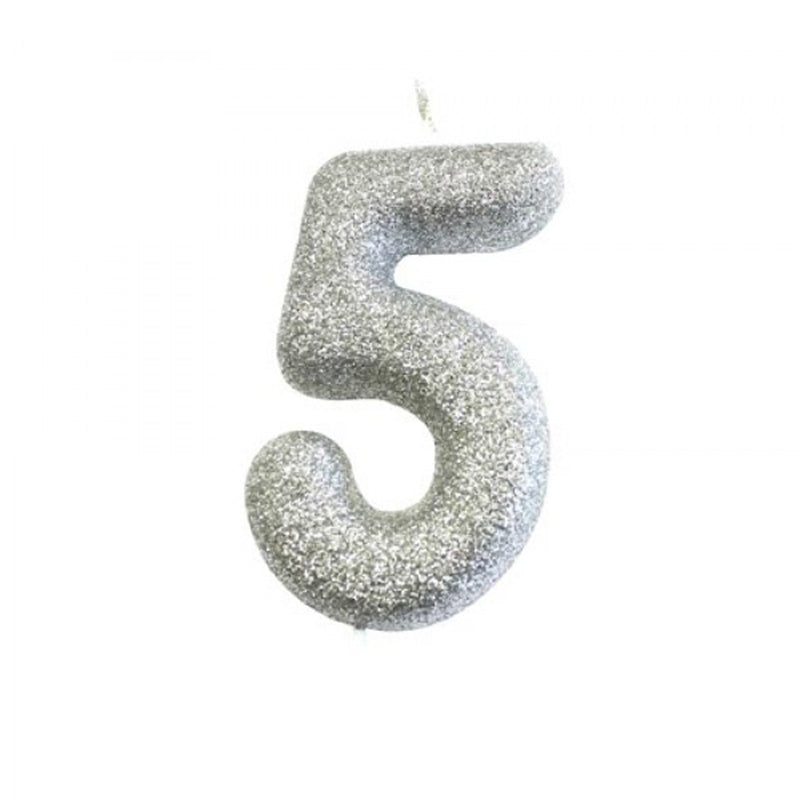 Ασημί κεράκι νούμερο 5 με γκλίτερ 7εκ