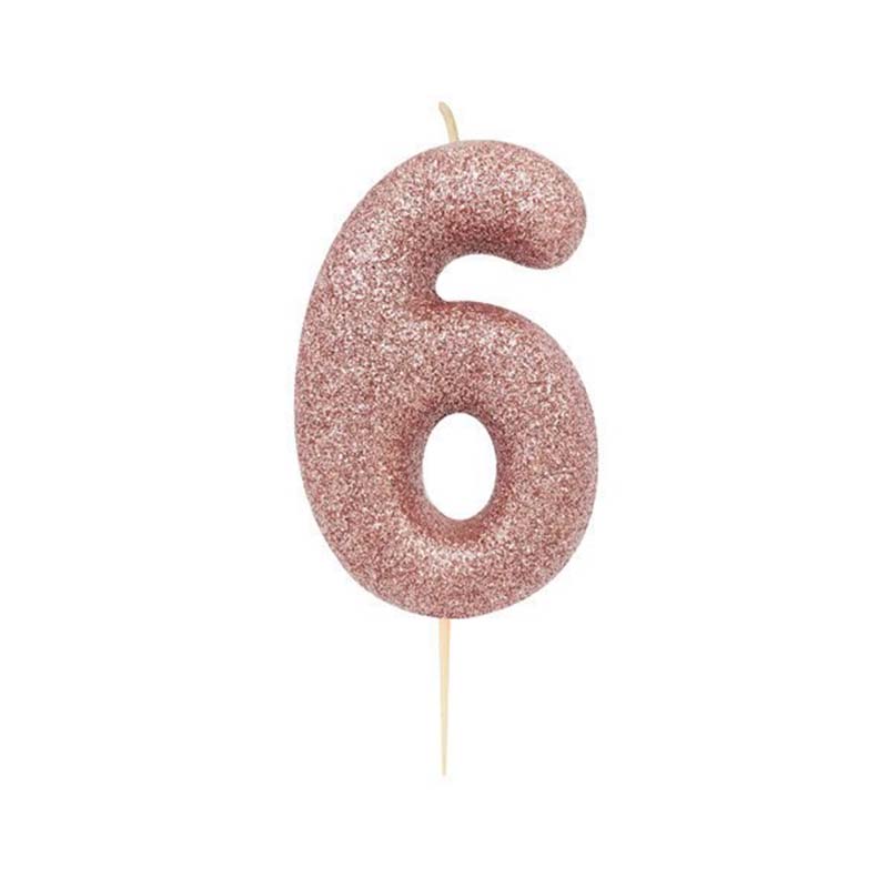 Χρυσό ροζ κεράκι νούμερο 6 με γκλίτερ