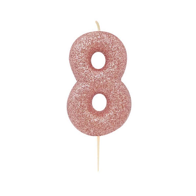 Χρυσό ροζ κεράκι νούμερο 8 με γκλίτερ