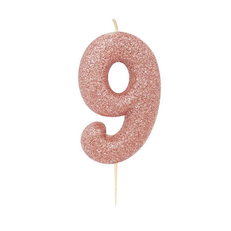 Χρυσό ροζ κεράκι νούμερο 9 με γκλίτερ