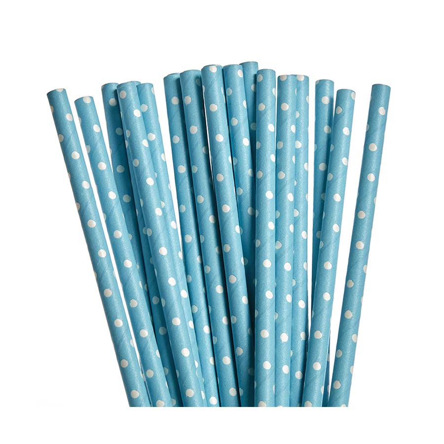 Χάρτινα καλαμάκια σιέλ με λευκό πουά 25τεμ