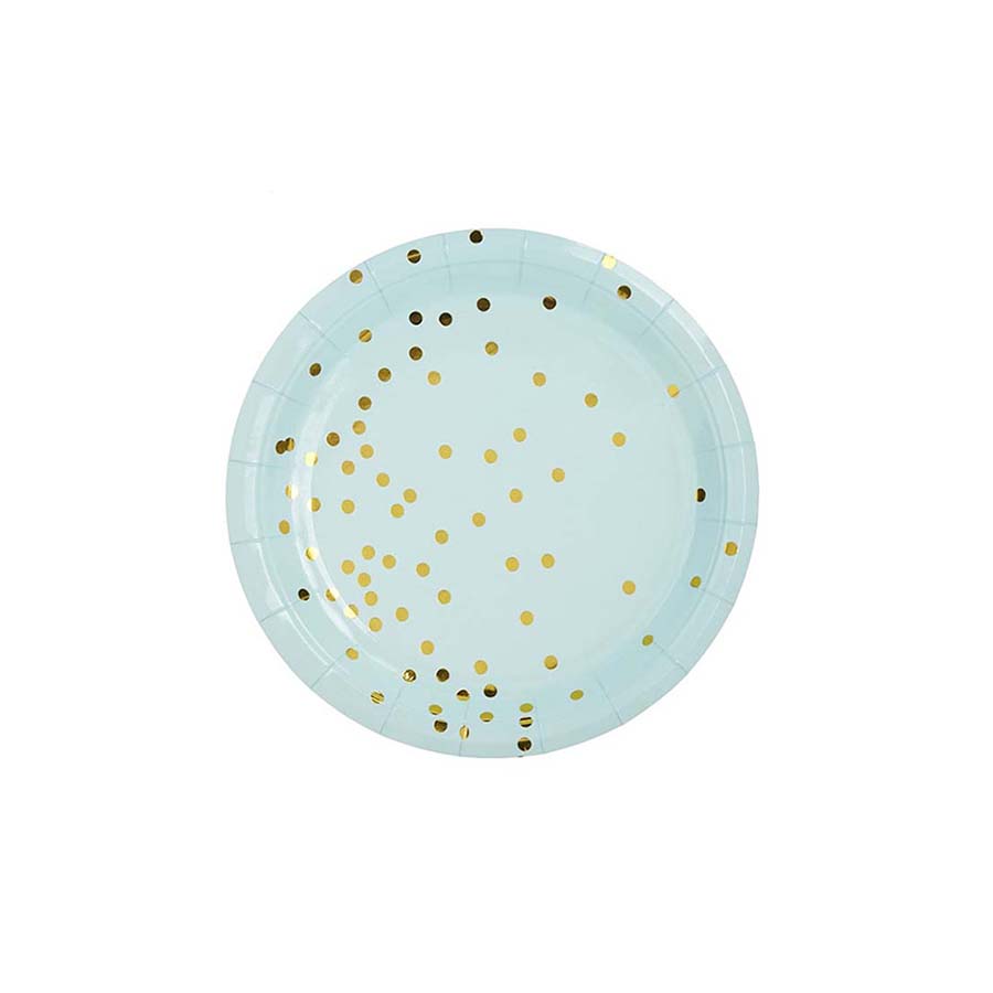 Πιάτα γλυκού σιέλ με χρυσό πουά 10τεμ