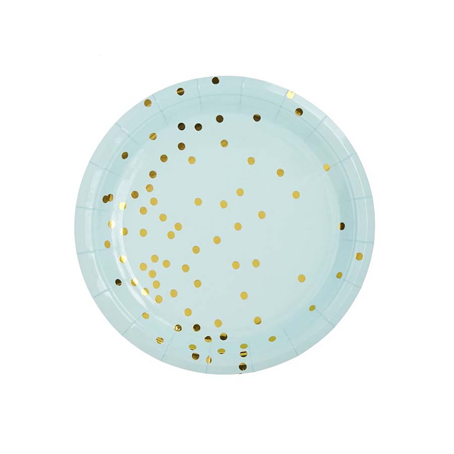 Πιάτα φαγητού σιέλ με χρυσό πουά 10τεμ