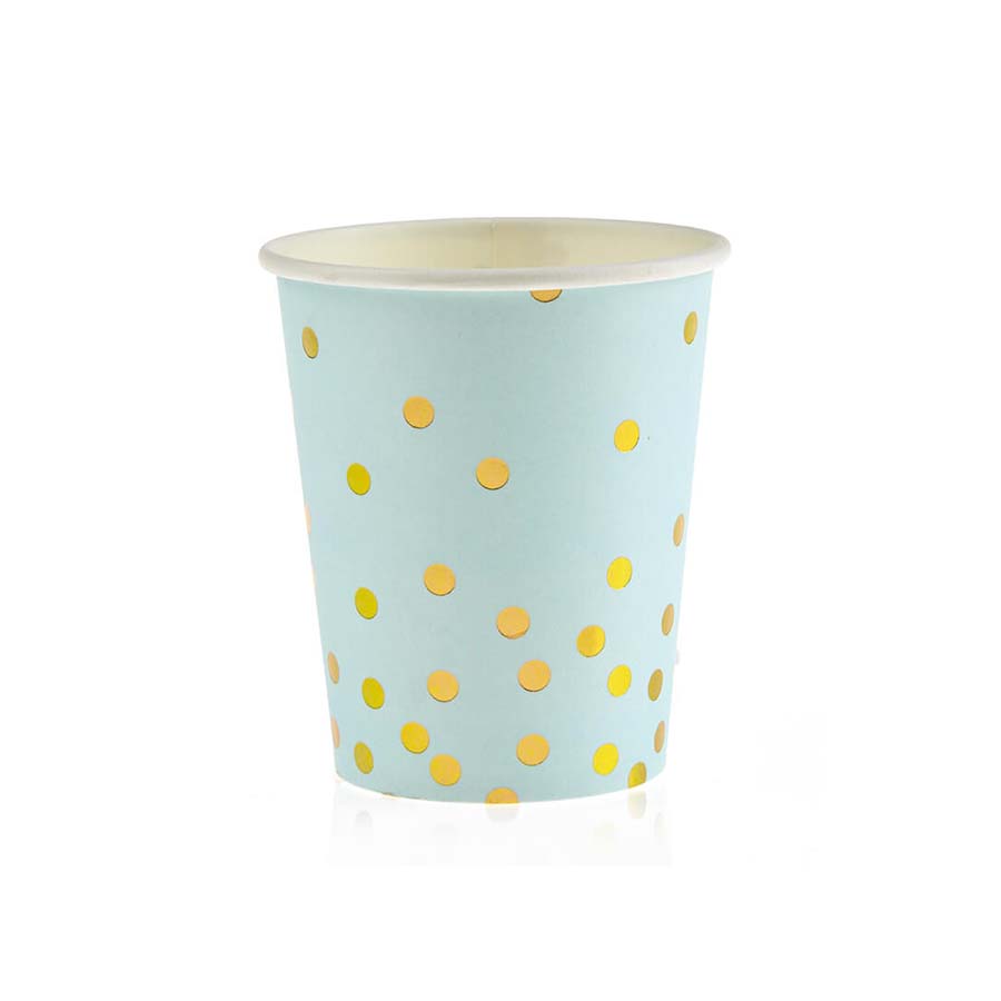 Χάρτινα ποτήρια σιέλ με χρυσό πουά 10τεμ