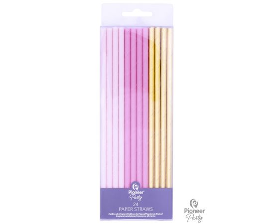 Χάρτινα καλαμάκια ροζ & Χρυσό 24τεμ.