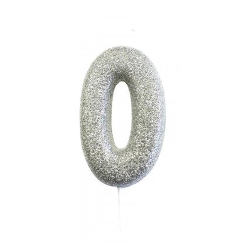 Ασημί κεράκι νούμερο 0 με γκλίτερ 7εκ