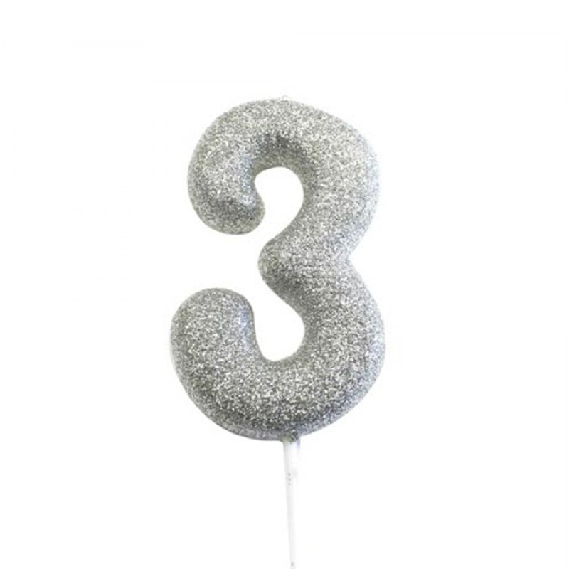 Ασημί κεράκι νούμερο 3 με γκλίτερ 7εκ