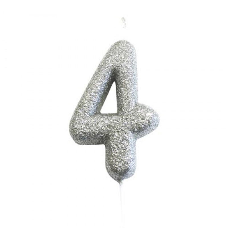 Ασημί κεράκι νούμερο 4 με γκλίτερ 7εκ