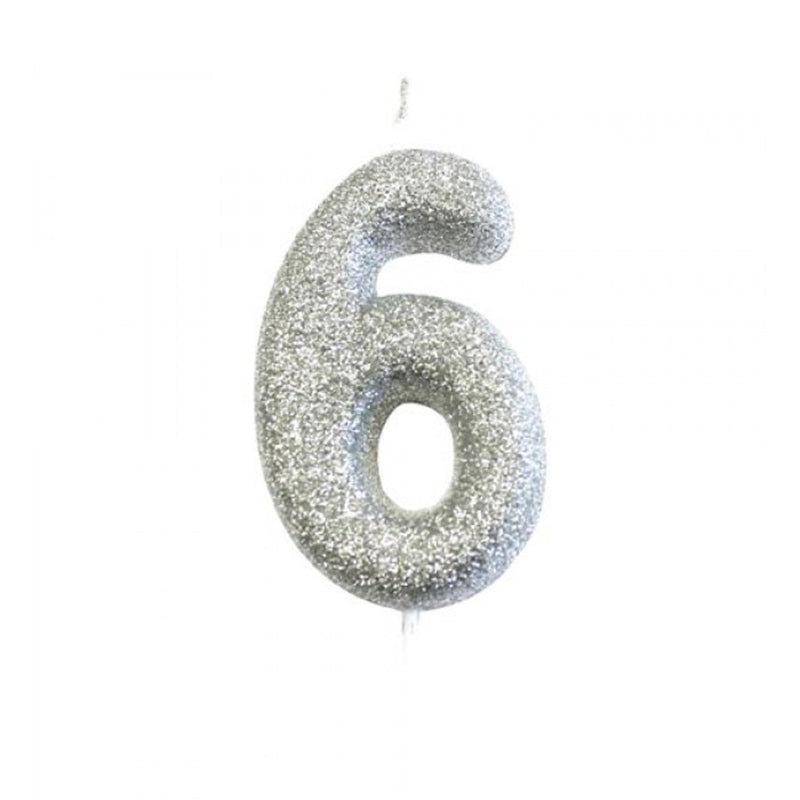 Ασημί κεράκι νούμερο 6 με γκλίτερ 7εκ