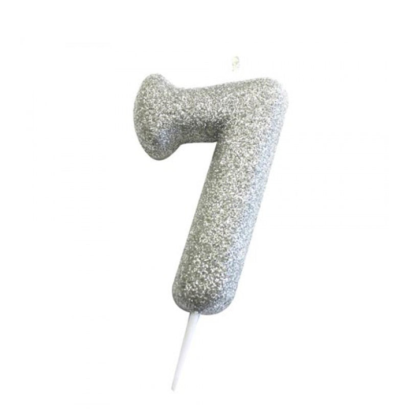 Ασημί κεράκι νούμερο 7 με γκλίτερ 7εκ