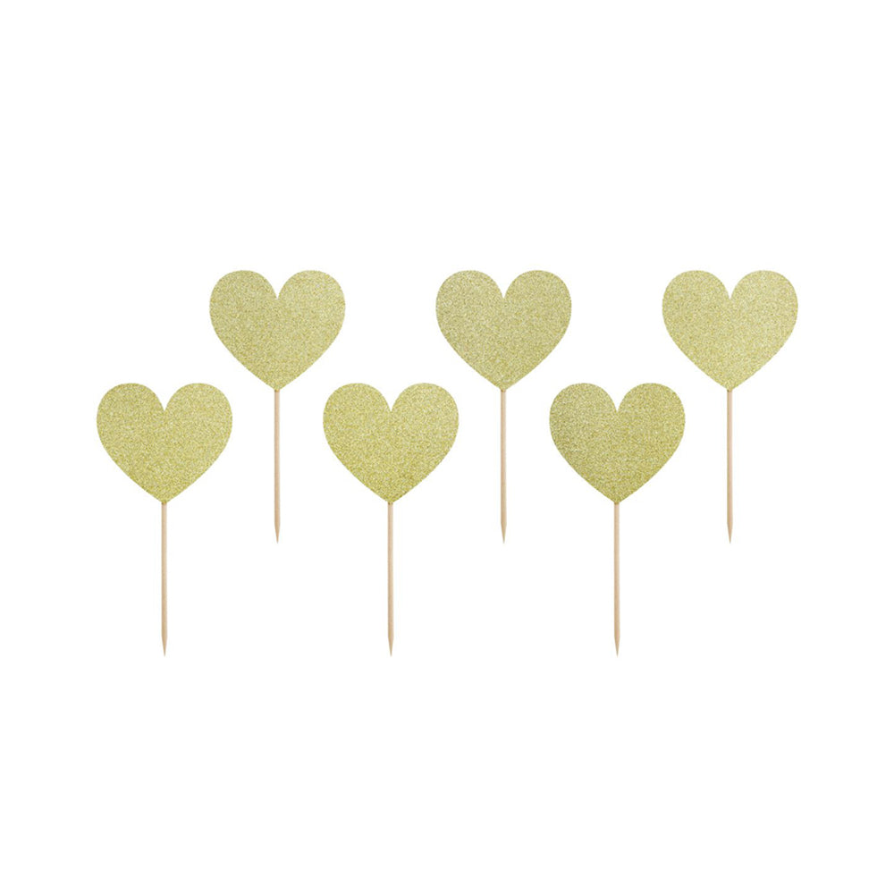 Topper τούρτας ή cupcake για Πάρτυ Καρδιά Χρυσό Γκλίτερ 6τεμ