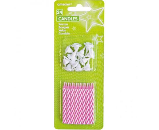 Κεράκια ριγέ ροζ με βάσεις 24τεμ.