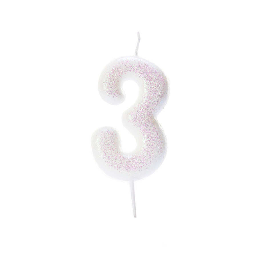 Λευκό κεράκι νούμερο 3 με ιριδίζων γκλίτερ