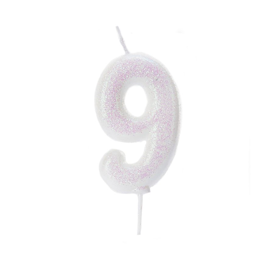 Λευκό κεράκι νούμερο 9 με ιριδίζων γκλίτερ