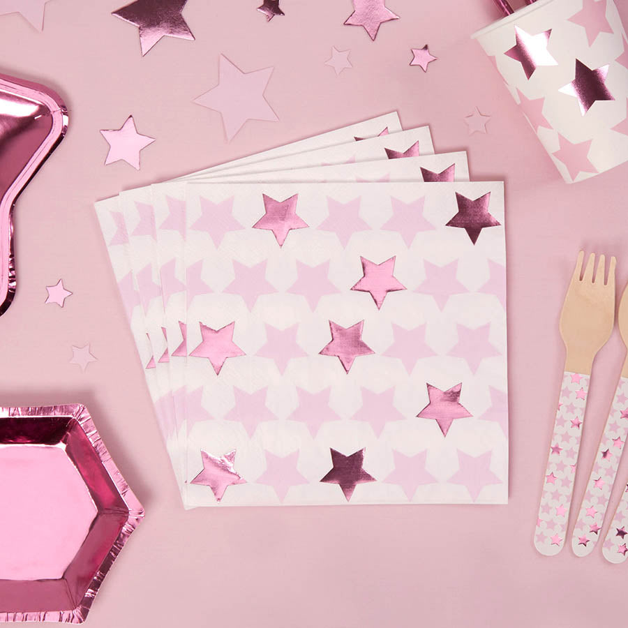 Χαρτοπετσέτες μεταλλιζέ με αστεράκια ροζ 16τεμ