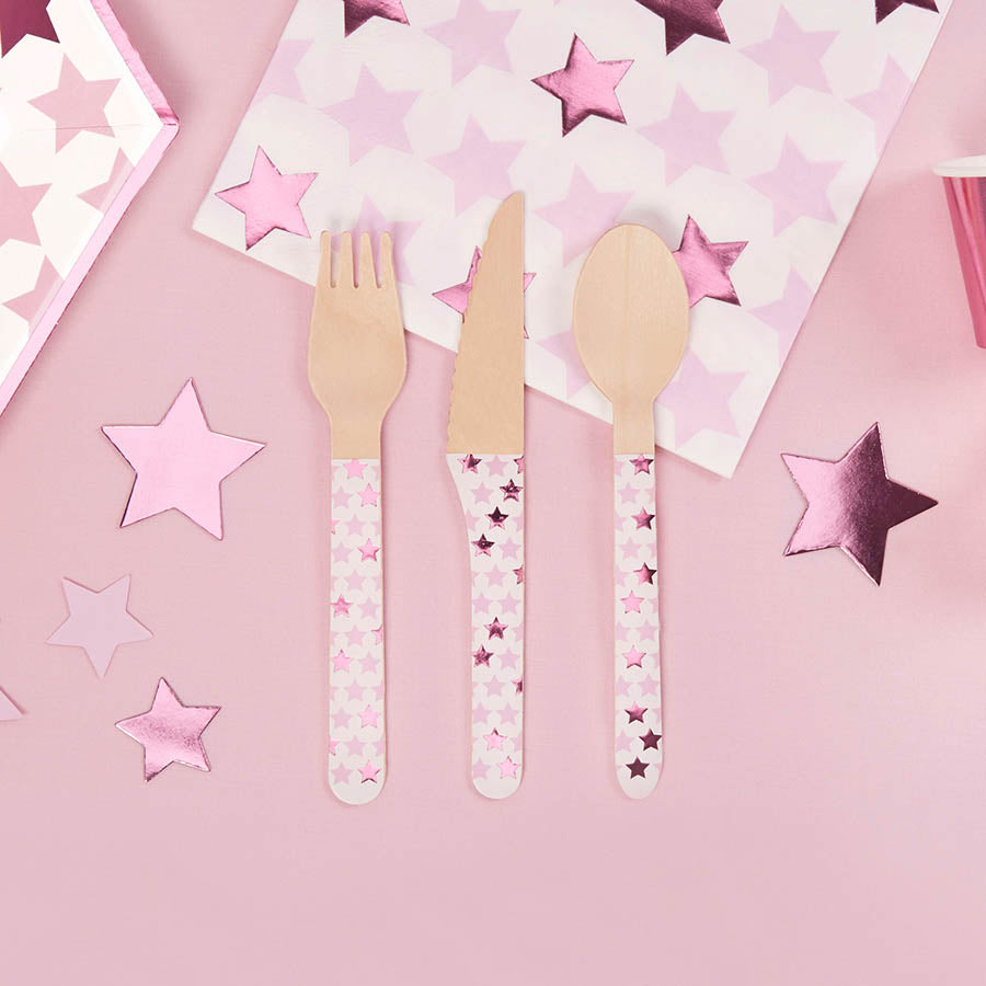 Σετ ξύλινα μαχαιροπίρουνα αστεράκι ροζ 24τεμ