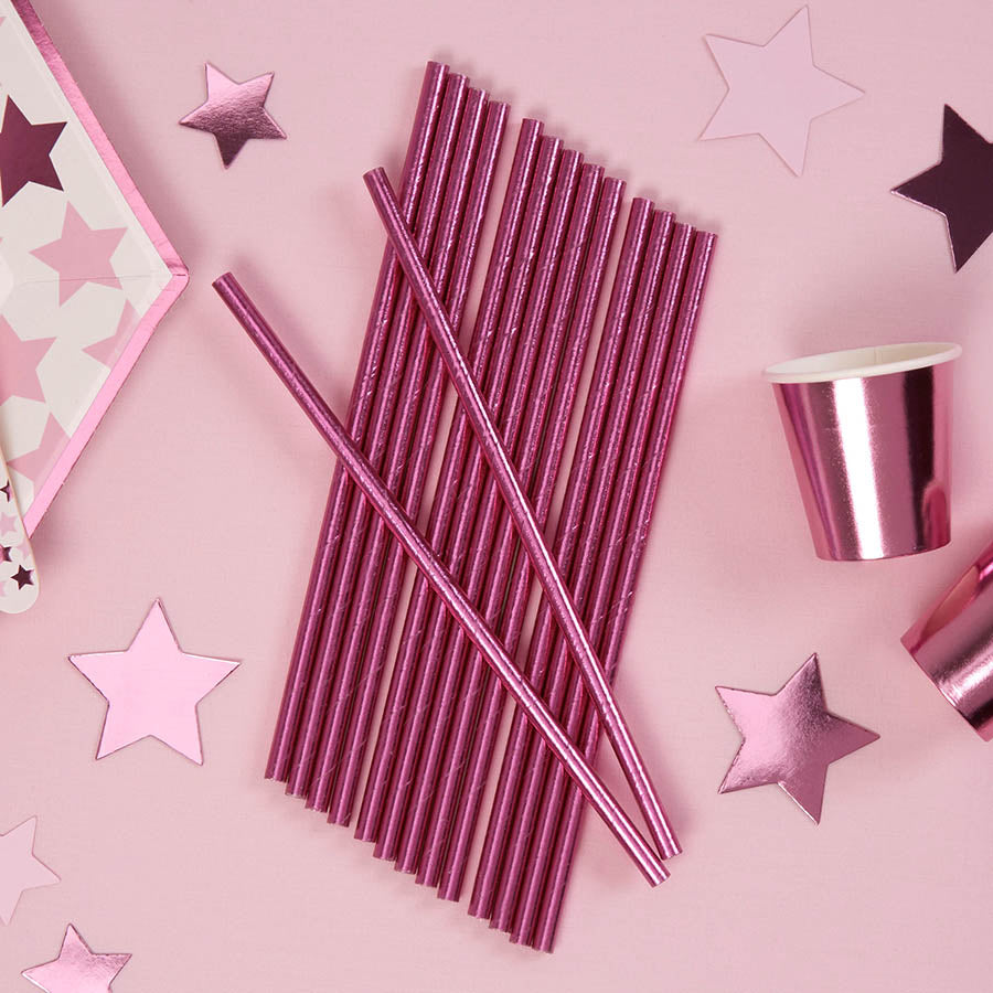 Χάρτινα καλαμάκια ροζ μεταλλιζέ 25τεμ