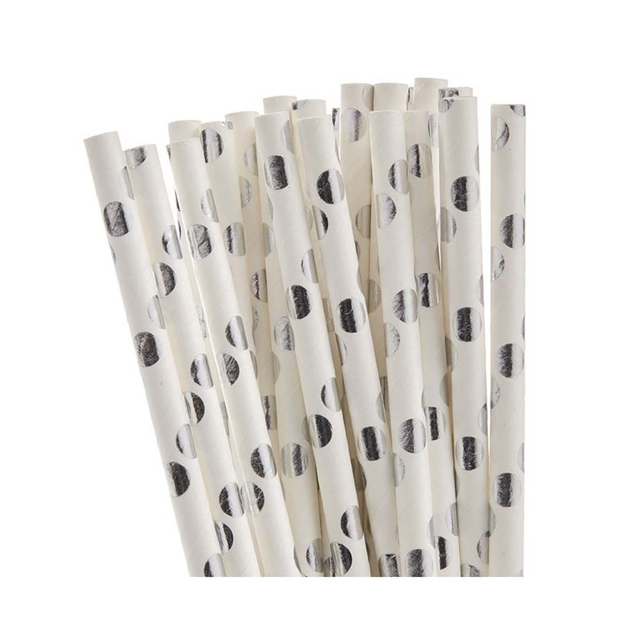 Χάρτινα καλαμάκια ασημί πουά 25τεμ