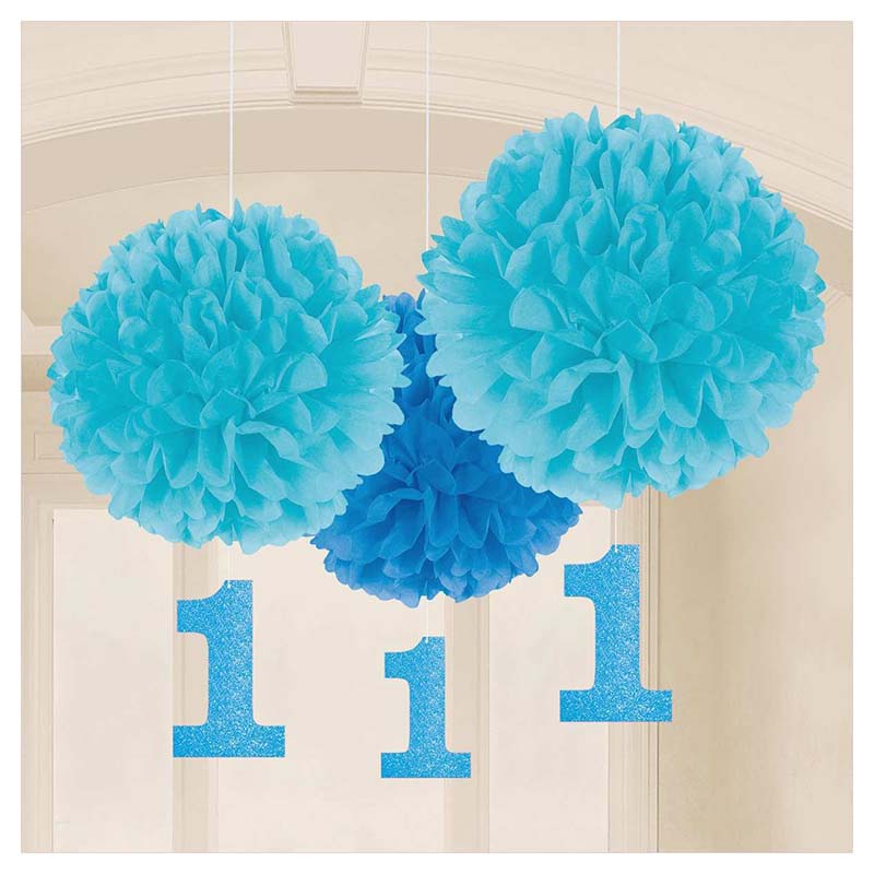 Μπλε χάρτινα κρεμαστά διακοσμητικά για πρώτα γενέθλια
